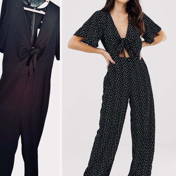 FASHION UNION Black Jumpsuit w Plunge V-neck Tie Front - Picture 1 of 16
